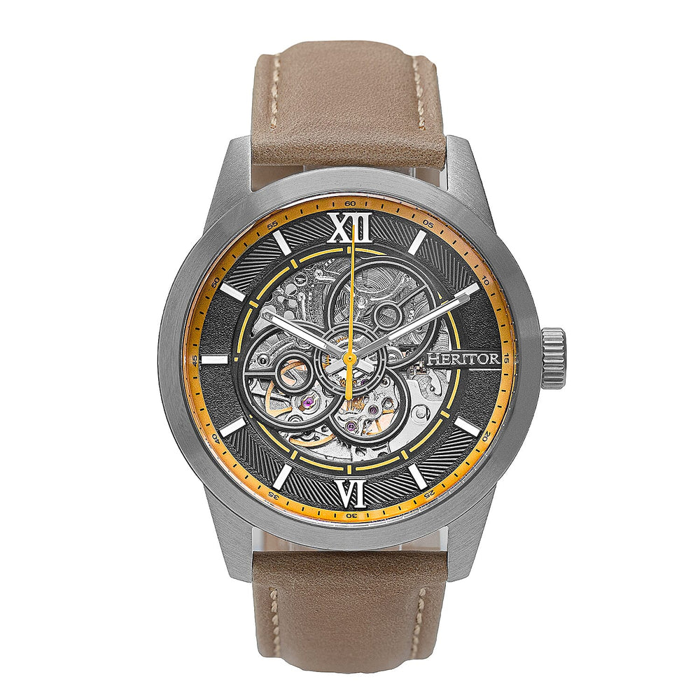 Heritor Jonas Automatic Movement Watch with Bronze Genuine Leather Strap in Silver