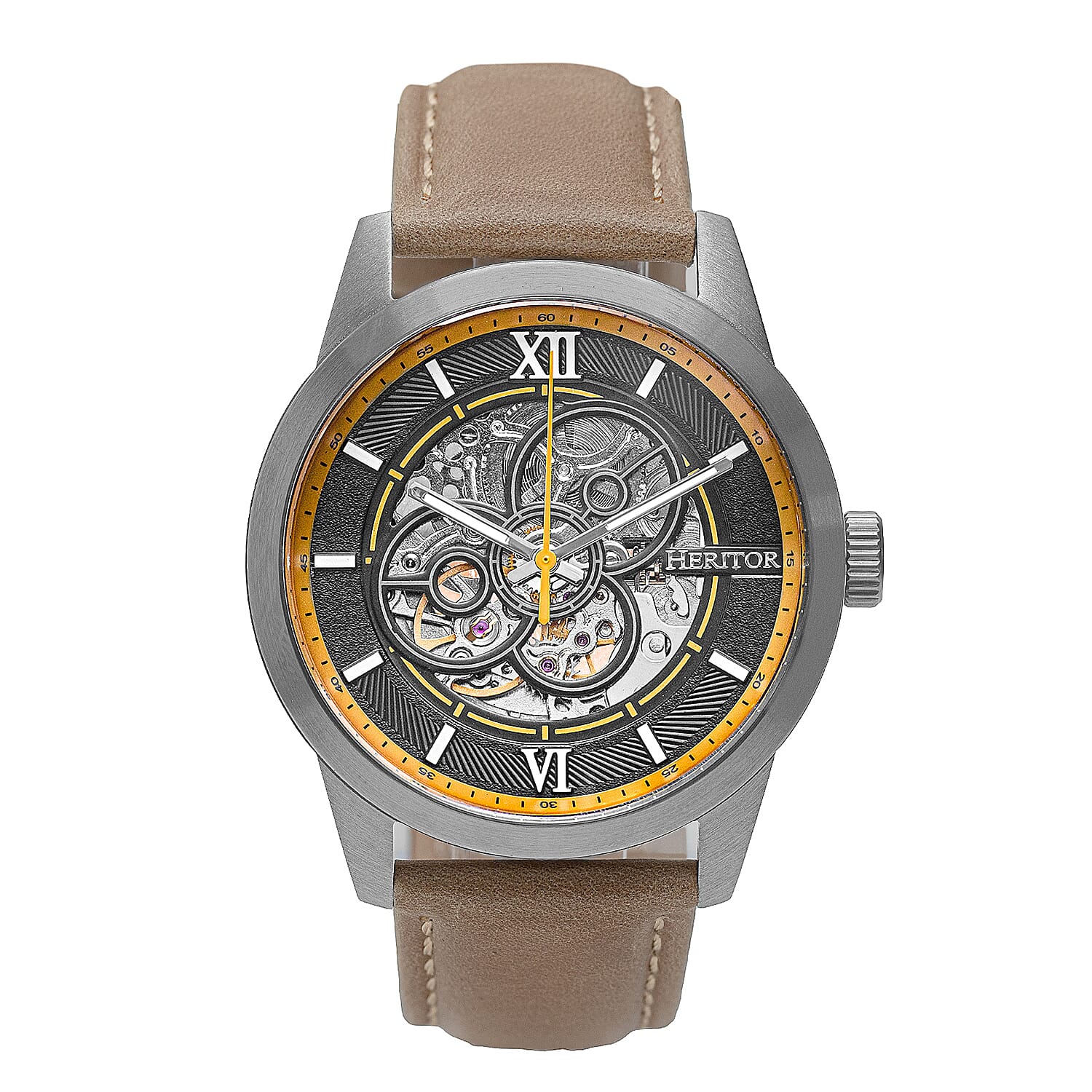 Heritor Jonas Automatic Movement Watch with Bronze Genuine Leather Strap in Silver
