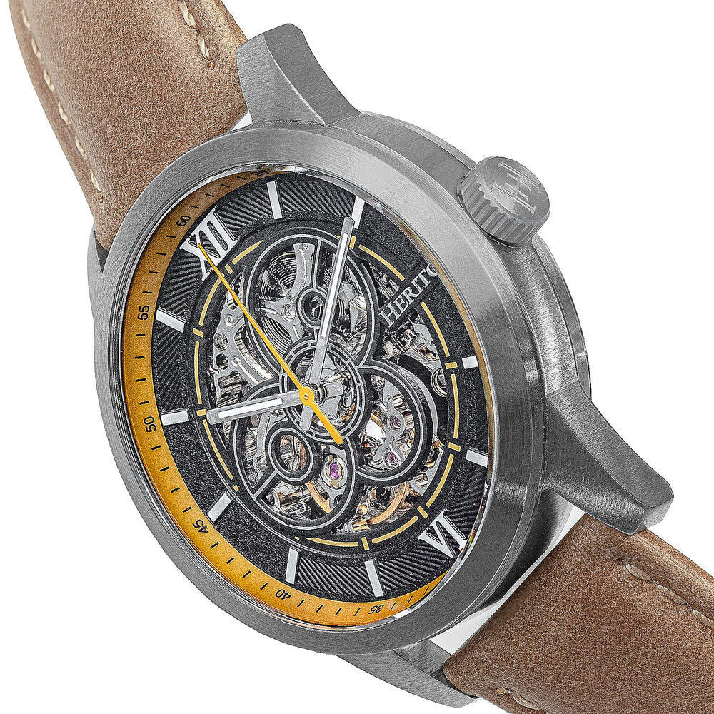 Heritor Jonas Automatic Movement Watch with Bronze Genuine Leather Strap in Silver