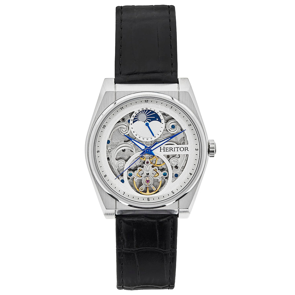 Heritor Automatic Movement Watch with Black Genuine Leather Strap - Silver