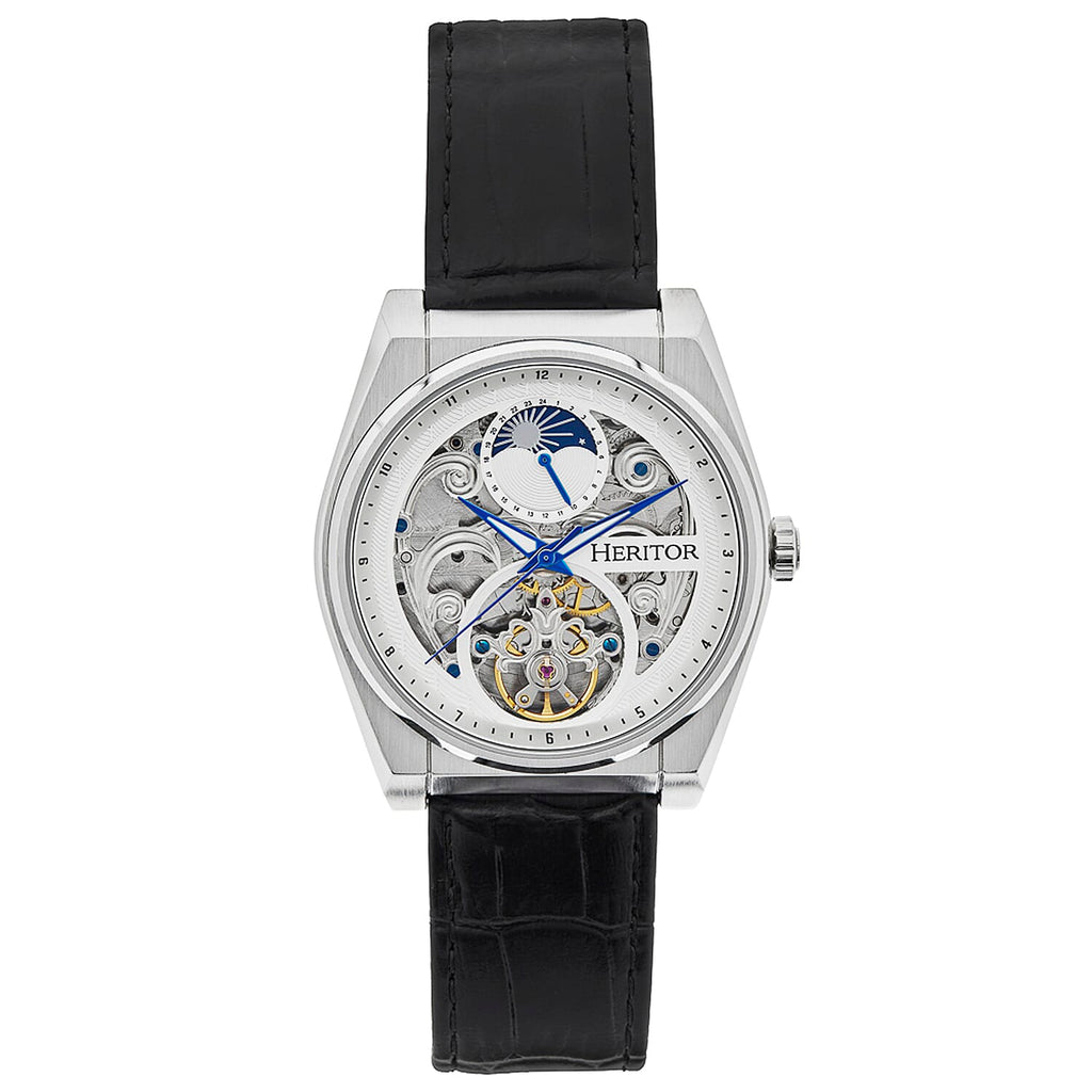 Heritor Automatic Movement Watch with Black Genuine Leather Strap - Silver