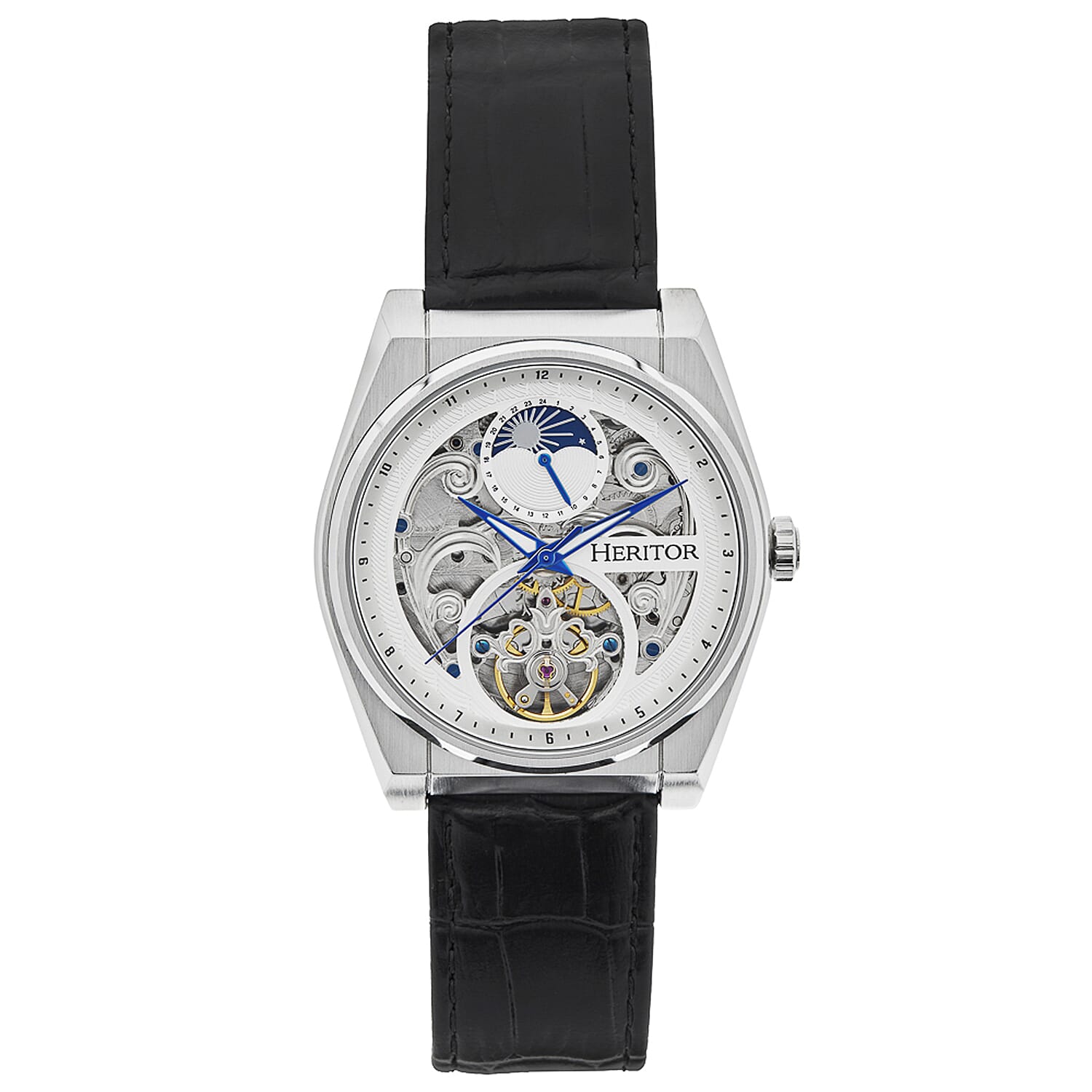 Heritor Automatic Movement Watch with Black Genuine Leather Strap - Silver