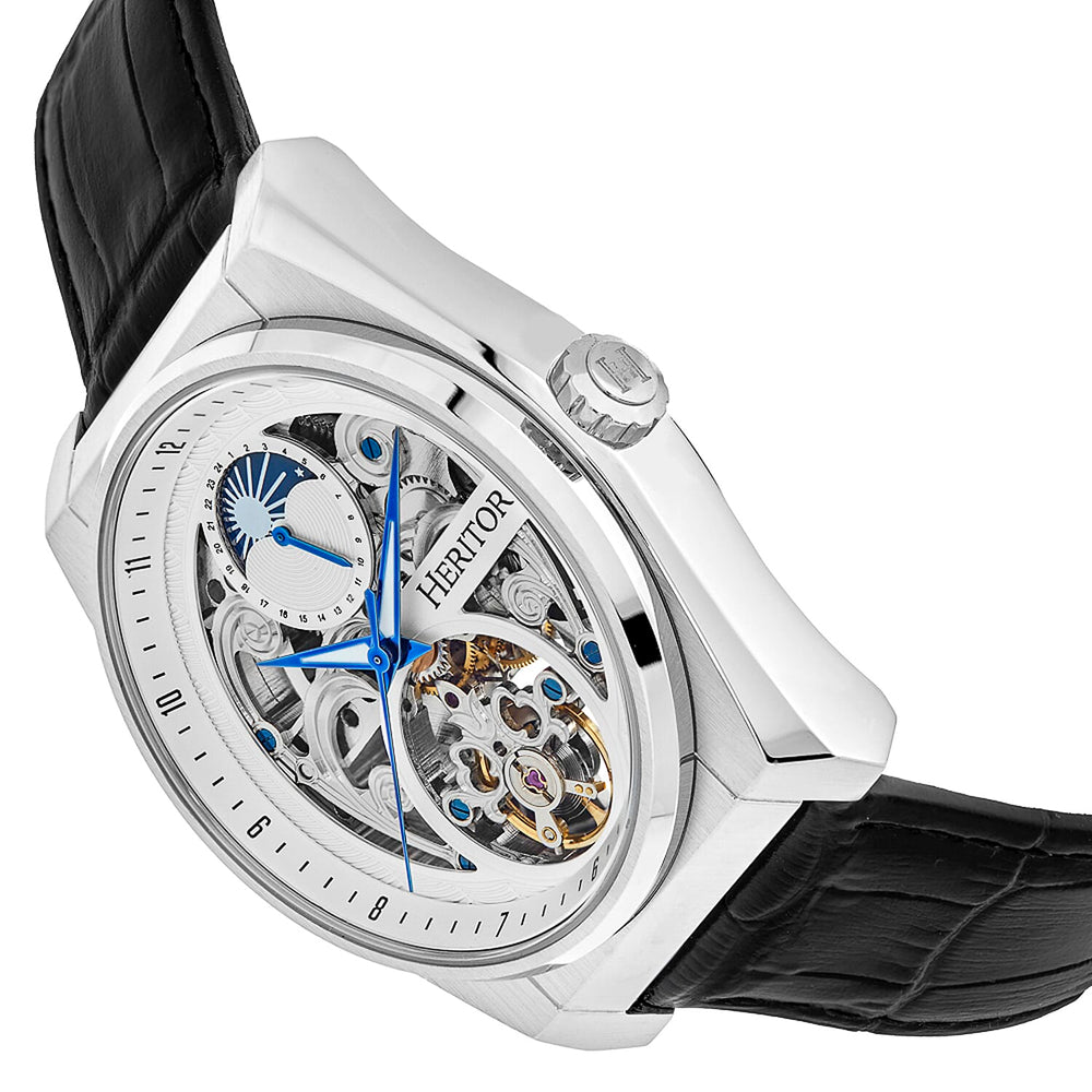 Heritor Automatic Movement Watch with Black Genuine Leather Strap - Silver