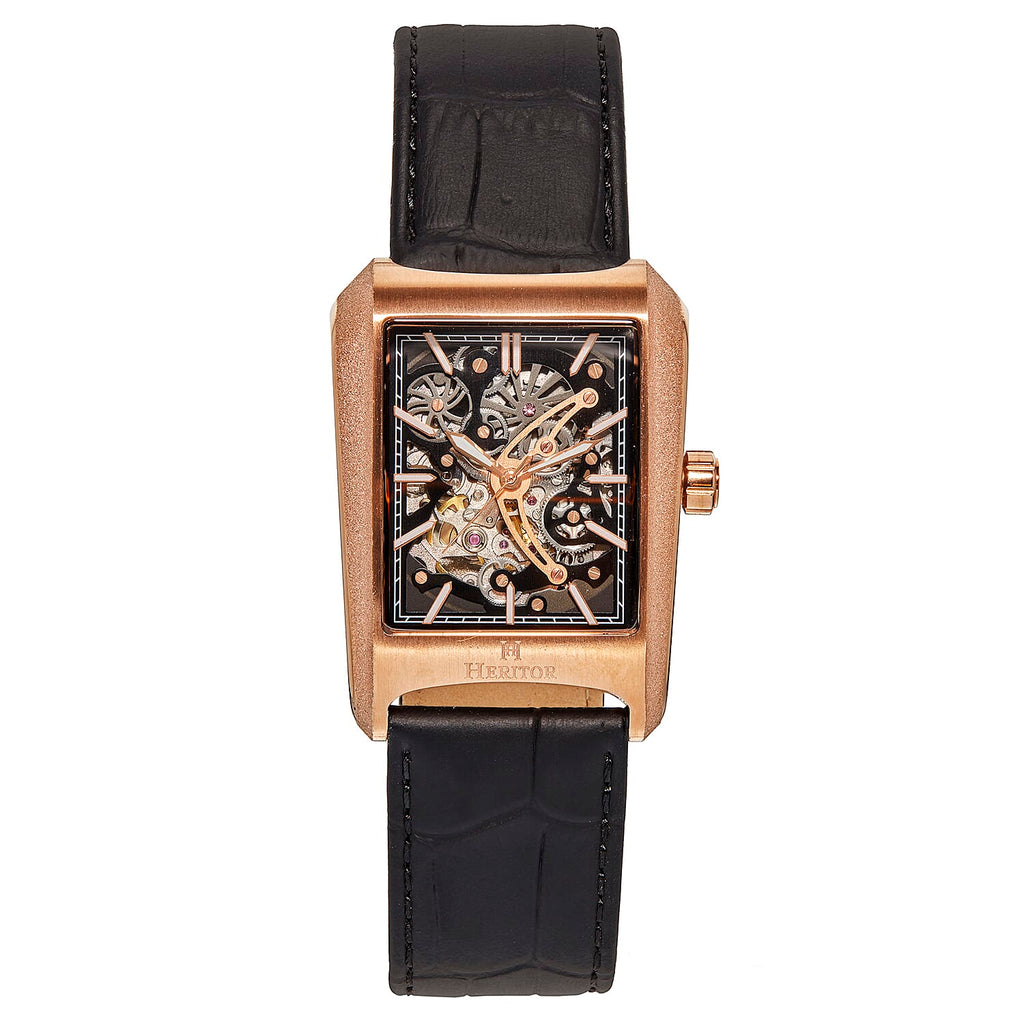 Heritor Automatic Movement 5 ATM Water Resistant Watch with Black Genuine Leather Strap & Rose Gold Tone