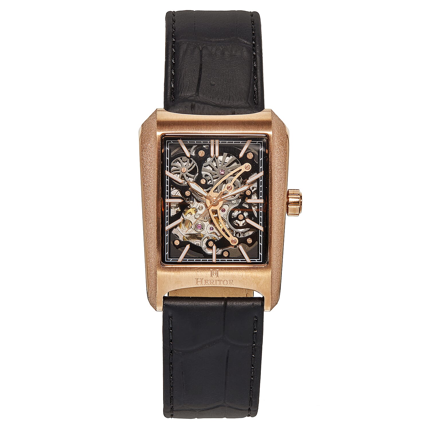 Heritor Automatic Movement 5 ATM Water Resistant Watch with Black Genuine Leather Strap & Rose Gold Tone