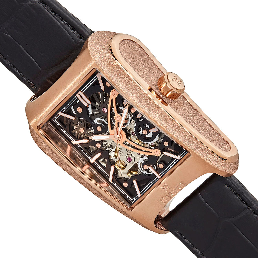 Heritor Automatic Movement 5 ATM Water Resistant Watch with Black Genuine Leather Strap & Rose Gold Tone