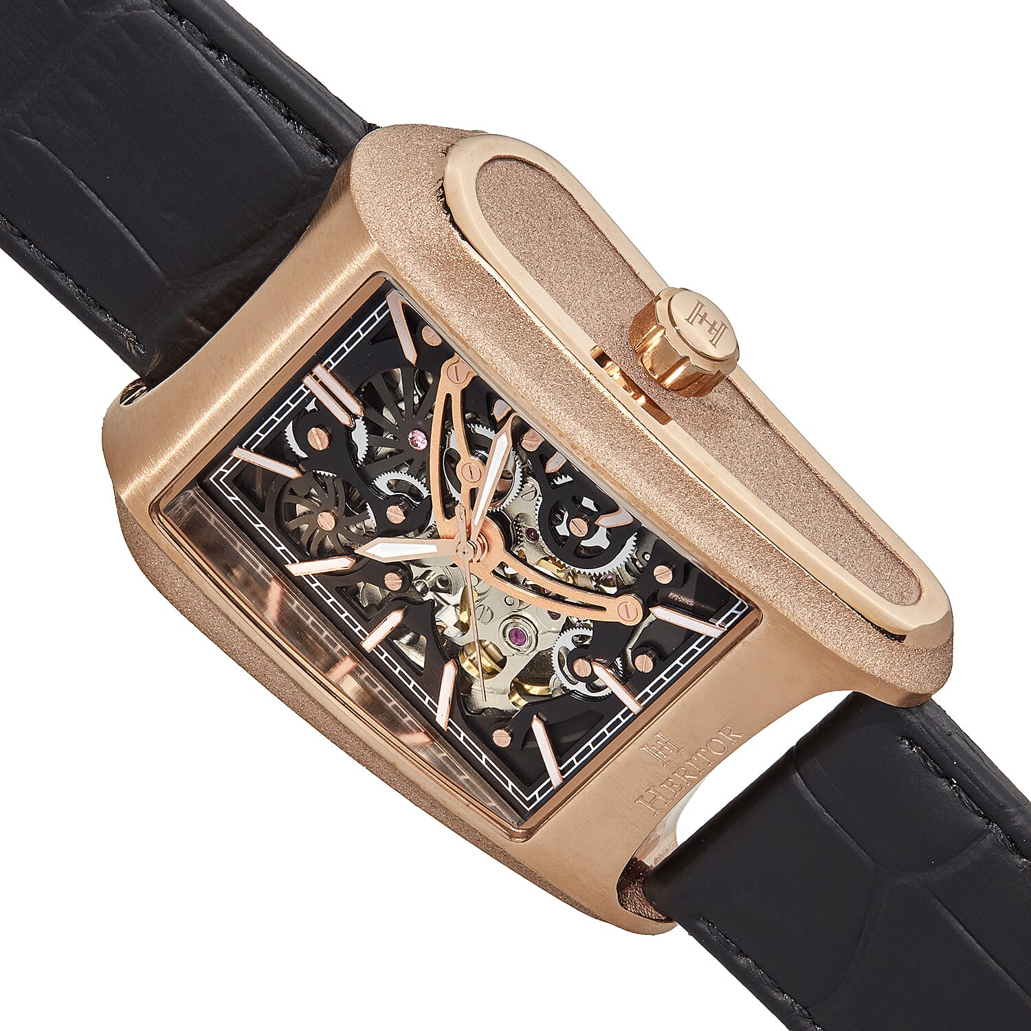 Heritor Automatic Movement 5 ATM Water Resistant Watch with Black Genuine Leather Strap & Rose Gold Tone