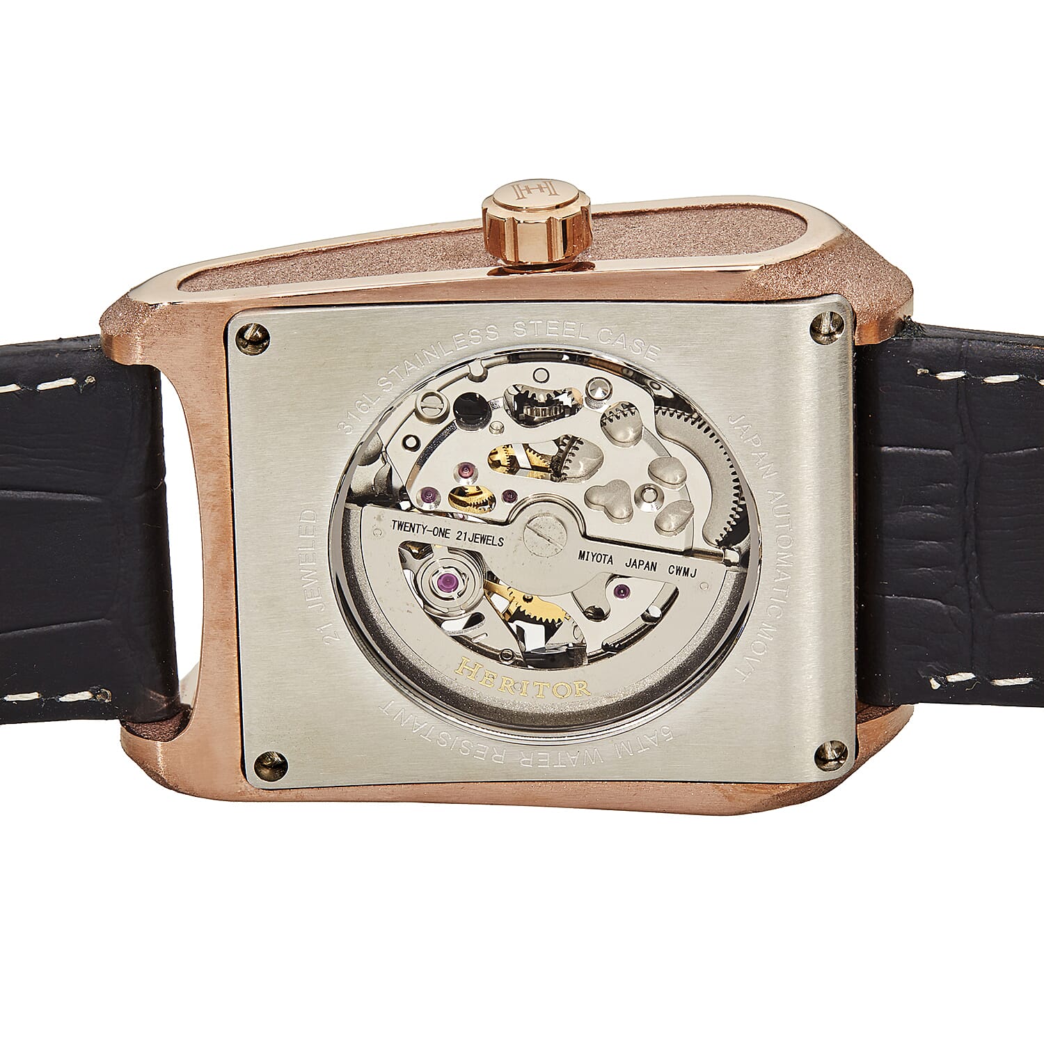 Heritor Automatic Movement 5 ATM Water Resistant Watch with Black Genuine Leather Strap & Rose Gold Tone