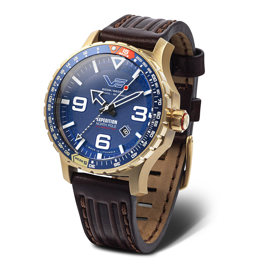 VOSTOK EUROPE Expedition Automatic Movt. 20ATM WR Rose Gold PVD Mens Watch with Brown Leather Strap