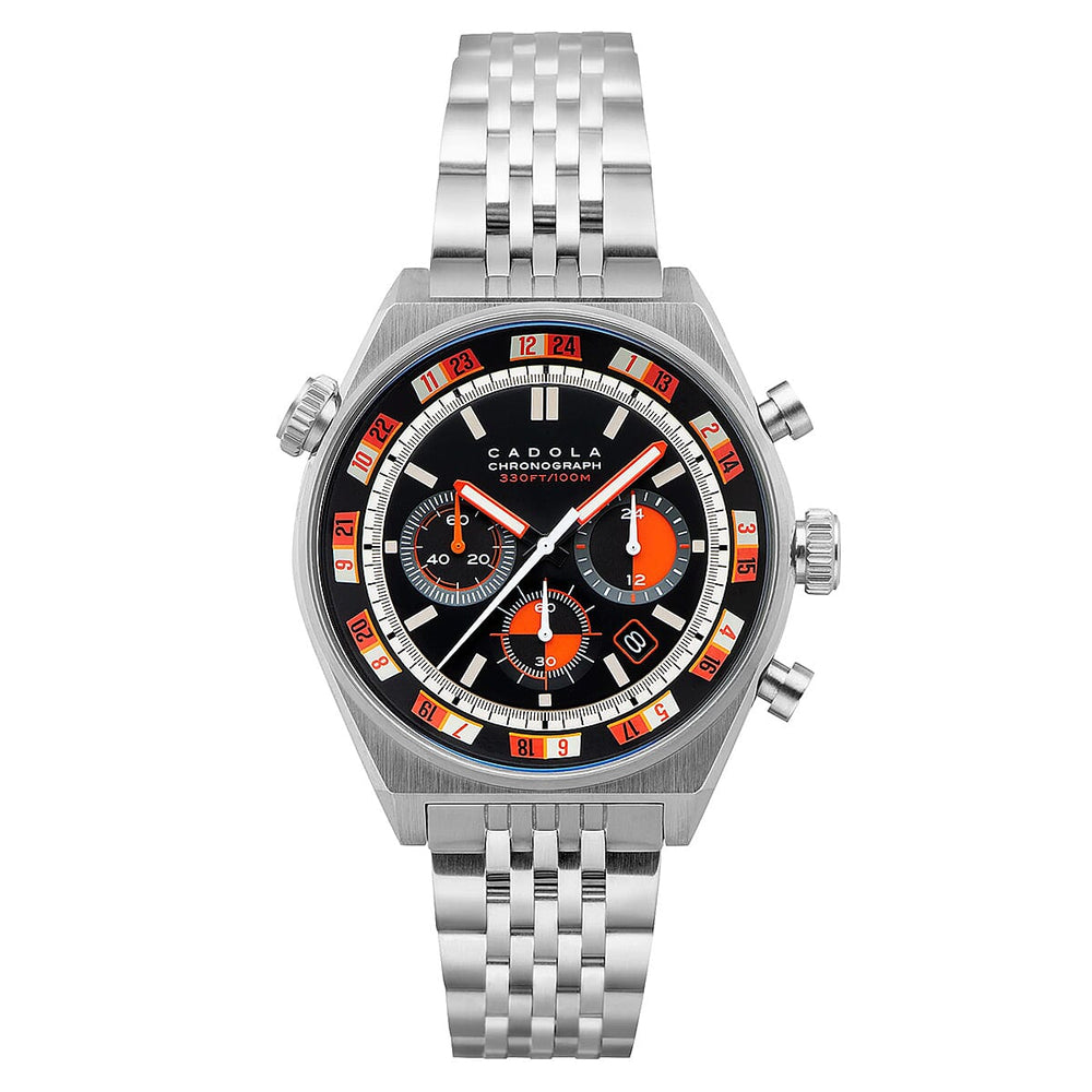 CADOLA Intercontinental Japan Japan Quartz Chronograph Movt. Dark Tangerine Dial 10 ATM WR Watch with Stainless Steel Strap