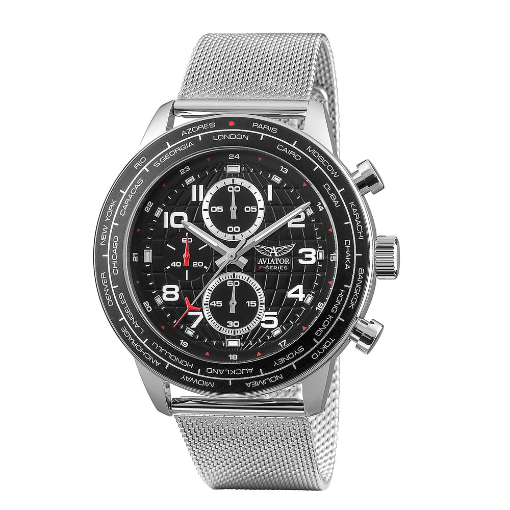 AVIATOR F-SERIES World Timer 10 ATM Mens Black Dial Watch with Stainless Steel Strap - Silver