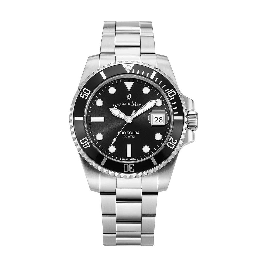 Jaques De Manoir Pro Scuba 43 Swiss Movt. 20ATM WR Black Dial Mens Watch with Silver Colour Stainless Steel Strap