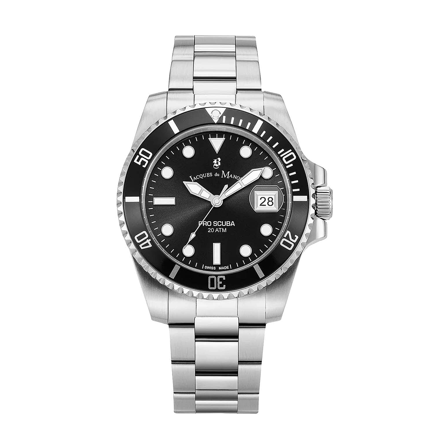 Jaques De Manoir Pro Scuba 43 Swiss Movt. 20ATM WR Black Dial Mens Watch with Silver Colour Stainless Steel Strap