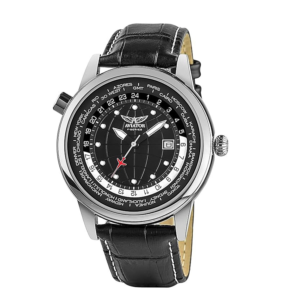 AVIATOR F Series World Timer Water Resistant Gents Pilot Watch With Black Leather Strap - 45mm Case - Black