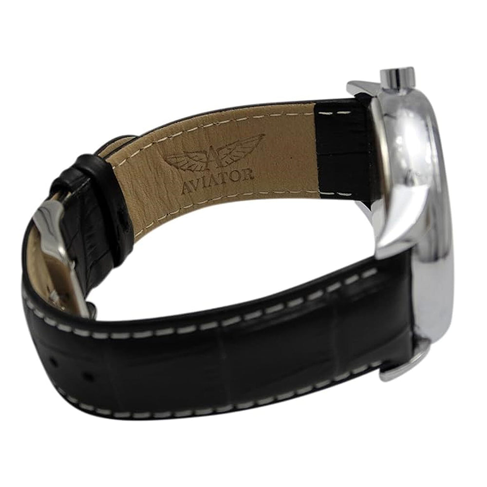 AVIATOR F Series World Timer Water Resistant Gents Pilot Watch With Black Leather Strap - 45mm Case - Black