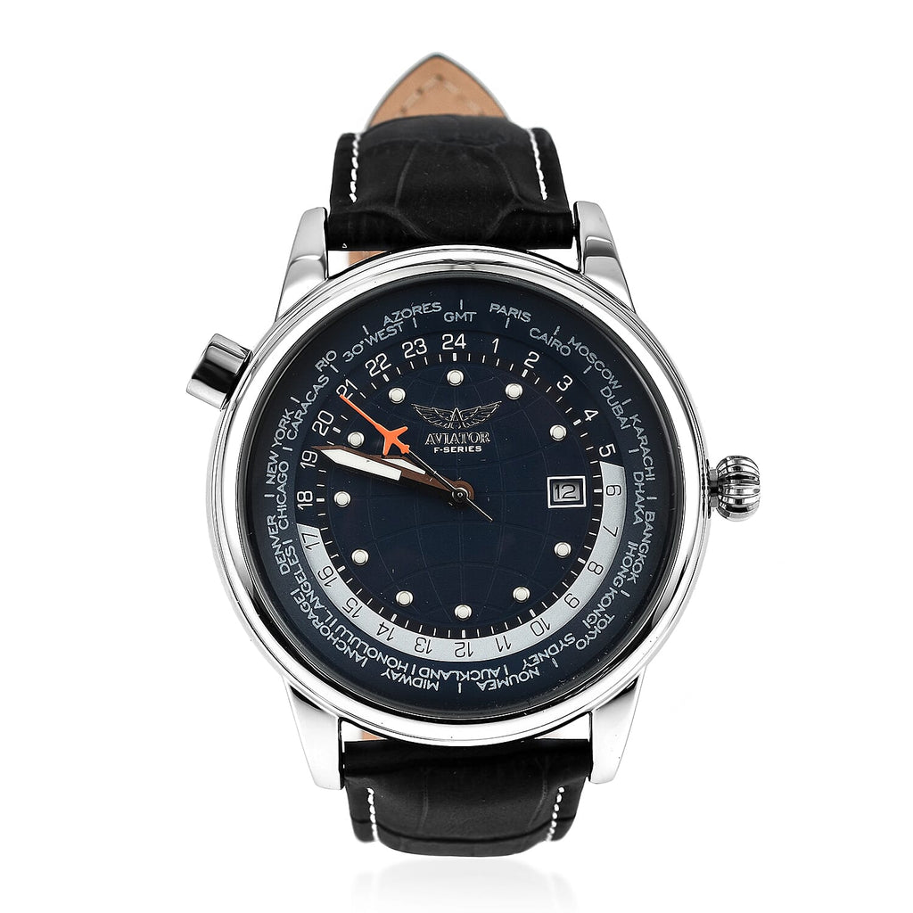 AVIATOR 45mm Case Black-Berry Dial 3 ATM Water Resistant Worldtime Gents Pilot Watch With Leather Strap - White Stitching