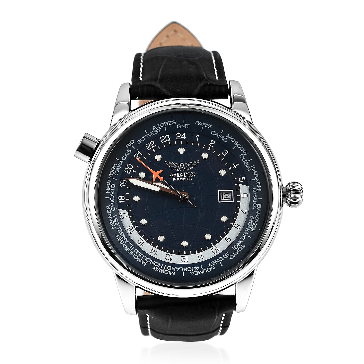 AVIATOR 45mm Case Black-Berry Dial 3 ATM Water Resistant Worldtime Gents Pilot Watch With Leather Strap - White Stitching