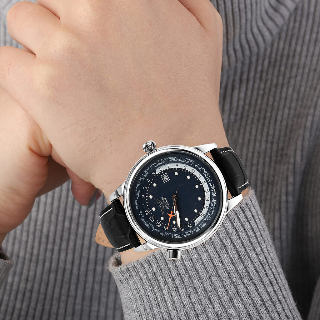 AVIATOR 45mm Case Black-Berry Dial 3 ATM Water Resistant Worldtime Gents Pilot Watch With Leather Strap - White Stitching