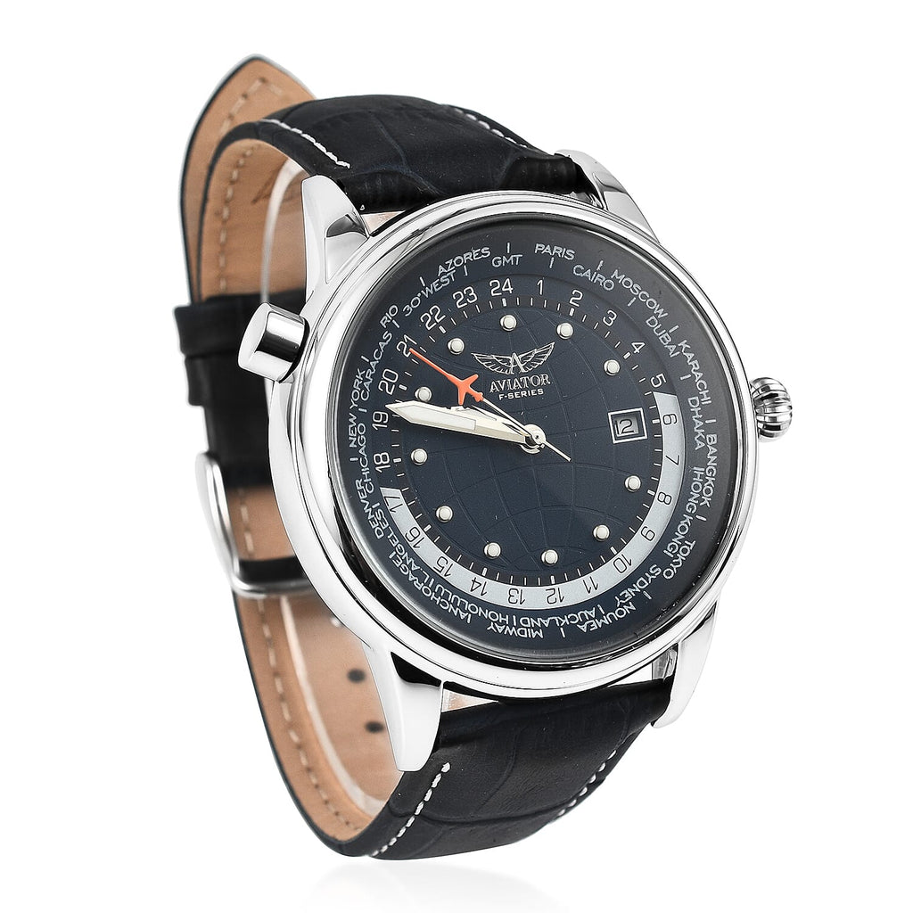 AVIATOR 45mm Case Black-Berry Dial 3 ATM Water Resistant Worldtime Gents Pilot Watch With Leather Strap - White Stitching