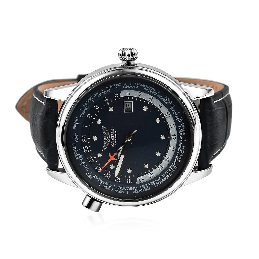 AVIATOR 45mm Case Black-Berry Dial 3 ATM Water Resistant Worldtime Gents Pilot Watch With Leather Strap - White Stitching
