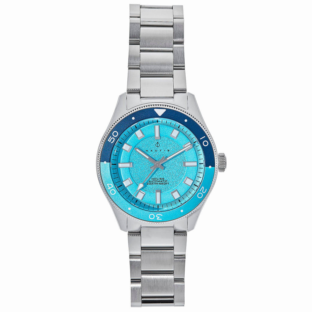 Nautis Holiss Case, Accurate Automatic Movement Uni-Directional Navy & Light Blue Bezel Blue Dial With Date 20 ATM Water Resistance Watch With 316L Surgical-Quality Stainless Steel Bracelet
