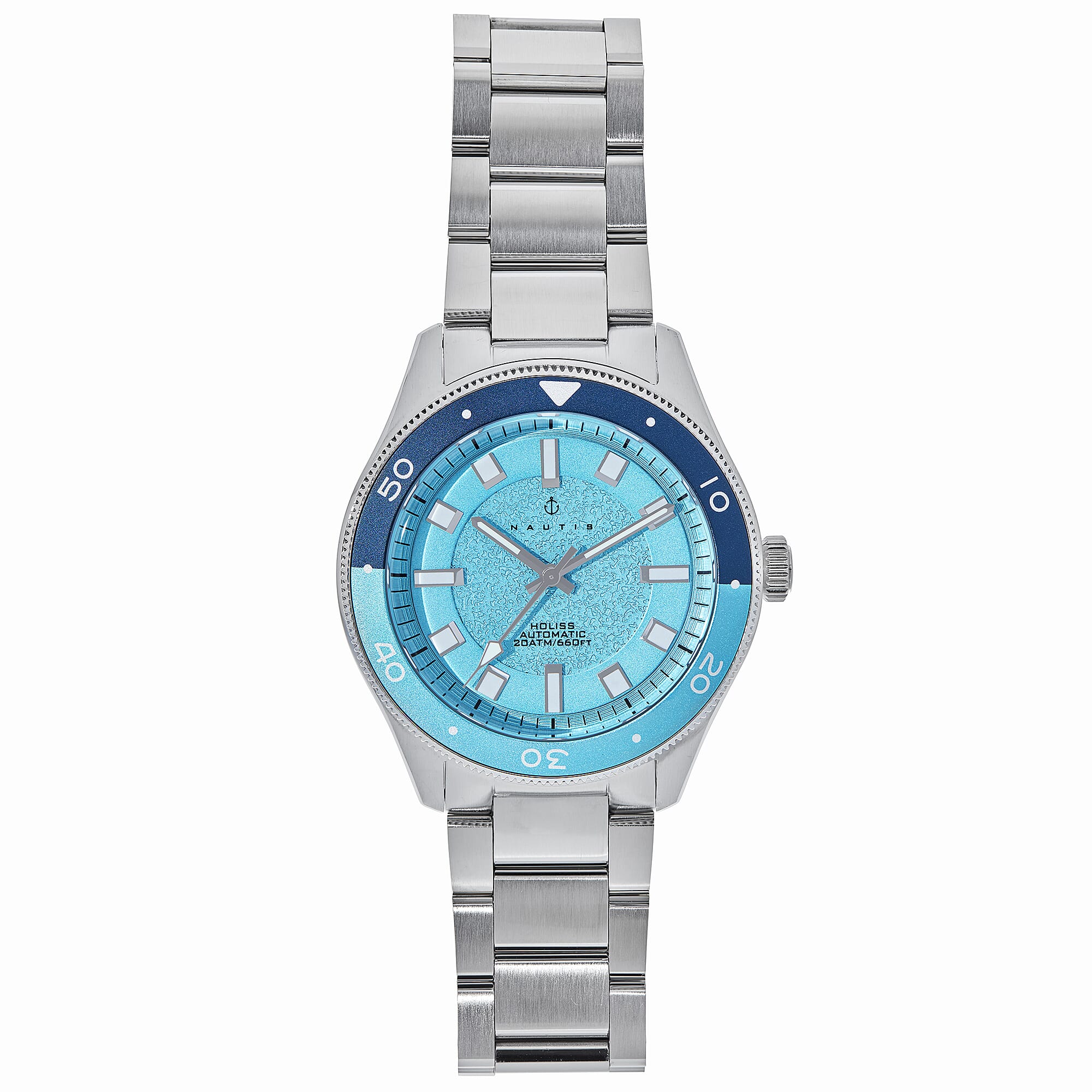 Nautis Holiss Case, Accurate Automatic Movement Uni-Directional Navy & Light Blue Bezel Blue Dial With Date 20 ATM Water Resistance Watch With 316L Surgical-Quality Stainless Steel Bracelet
