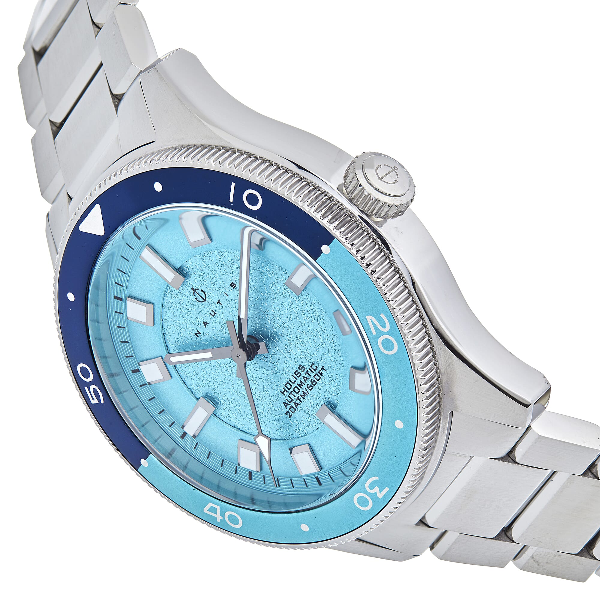 Nautis Holiss Case, Accurate Automatic Movement Uni-Directional Navy & Light Blue Bezel Blue Dial With Date 20 ATM Water Resistance Watch With 316L Surgical-Quality Stainless Steel Bracelet