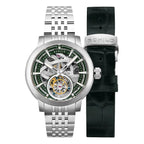 Schild Heinrich Tourbillon Raven Skeleton Green Dial 10 ATM Water Resistant Watch With Stainless Steel Strap & Extra Green Genuine Leather Strap