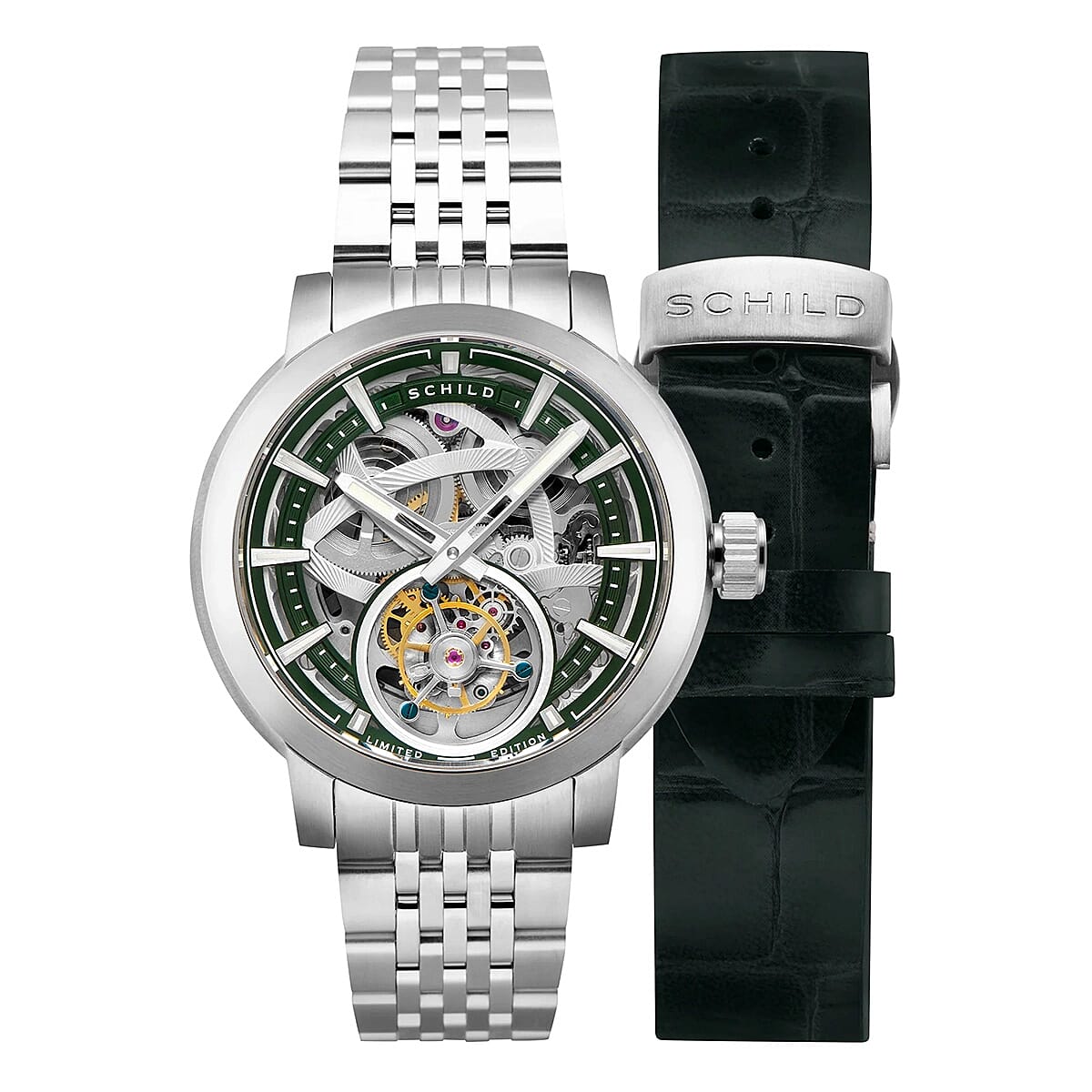 Schild Heinrich Tourbillon Raven Skeleton Green Dial 10 ATM Water Resistant Watch With Stainless Steel Strap & Extra Green Genuine Leather Strap