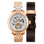 Schild Heinrich Tourbillon Raven Skeleton White Dial 10 ATM Water Resistant Watch With Rose Gold Stainless Steel Strap & Extra Brown Genuine Leather Strap