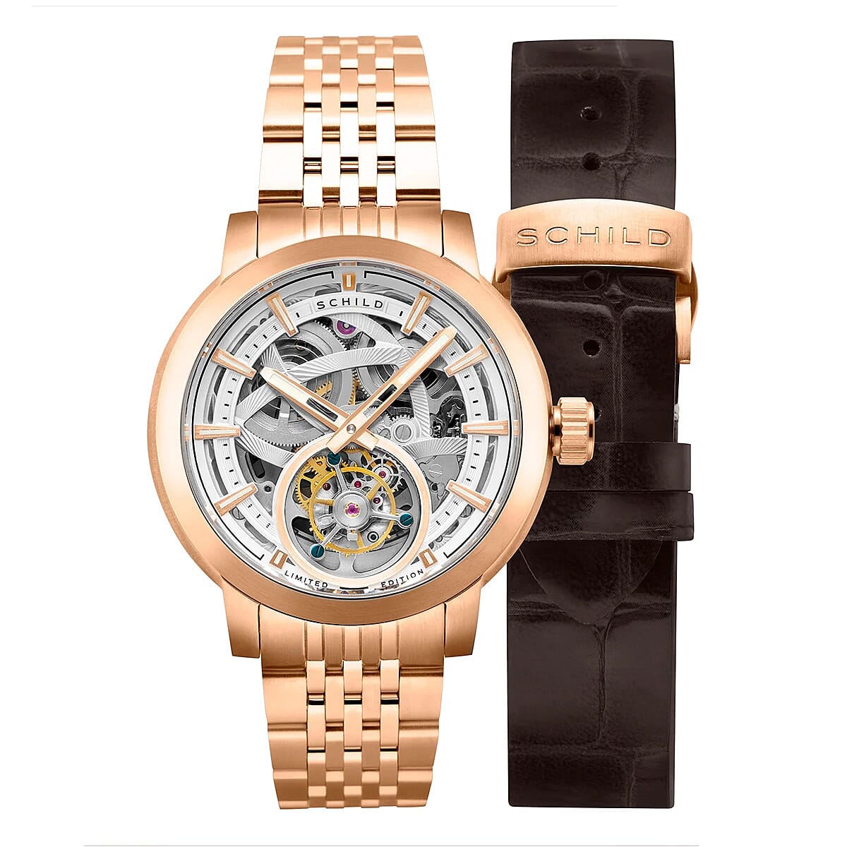 Schild Heinrich Tourbillon Raven Skeleton White Dial 10 ATM Water Resistant Watch With Rose Gold Stainless Steel Strap & Extra Brown Genuine Leather Strap