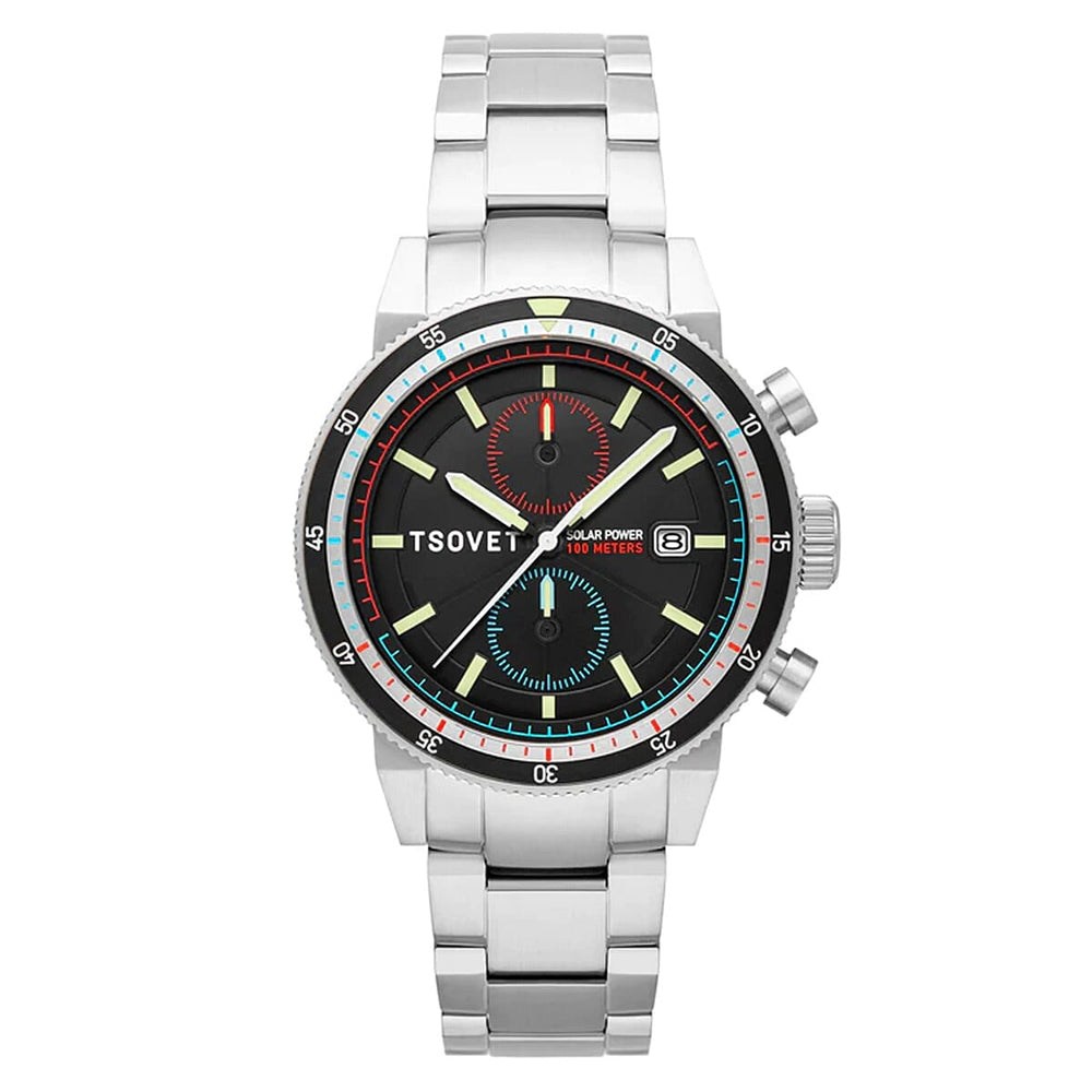 Tsovet SLR FW42 Japan Solar Power Chronograph 3 Hands With Date Black Dial 10 ATM Water Resistant Watch With Stainless Steel Strap  with Wireless Earphones (Free Gift)