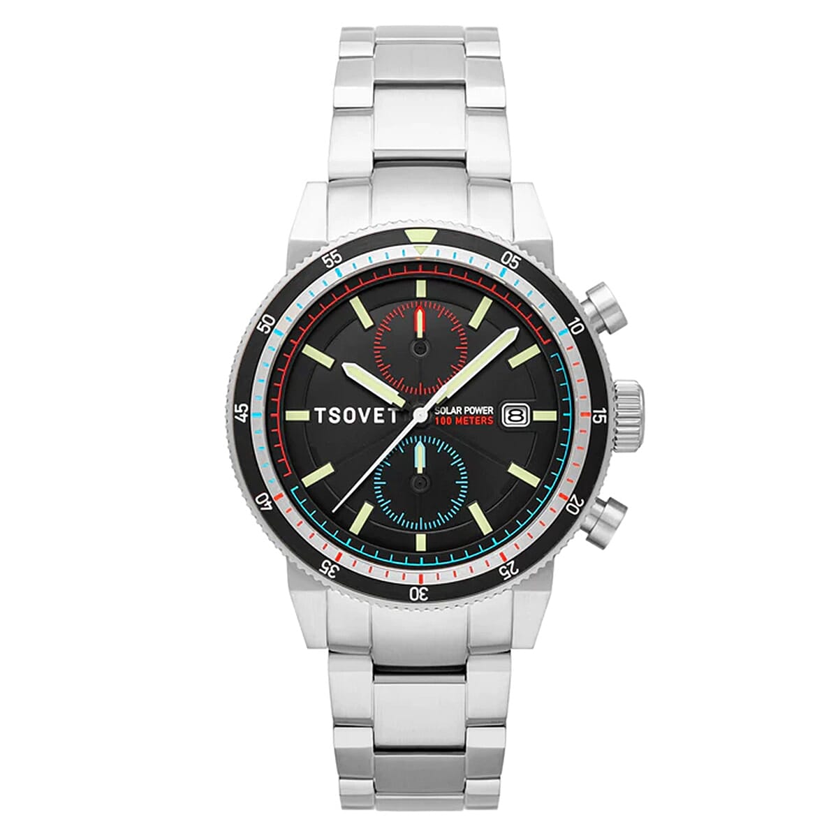 Tsovet SLR FW42 Japan Solar Power Chronograph 3 Hands With Date Black Dial 10 ATM Water Resistant Watch With Stainless Steel Strap  with Wireless Earphones (Free Gift)