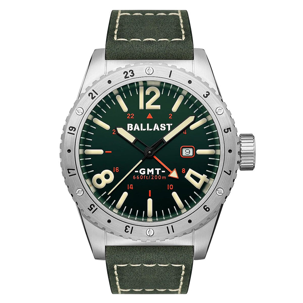 Ballast Amphion GMT Swiss Quartz Movement Olive Dial 20 ATM Water Resistant Watch With Black Genuine Leather Strap with Wireless Earphones (Free Gift)