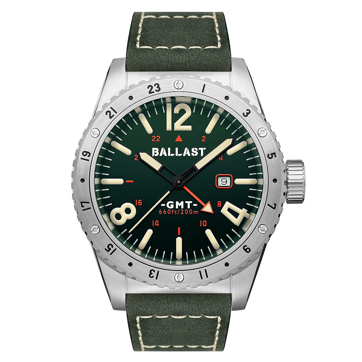 Ballast Amphion GMT Swiss Quartz Movement Olive Dial 20 ATM Water Resistant Watch With Black Genuine Leather Strap with Wireless Earphones (Free Gift)