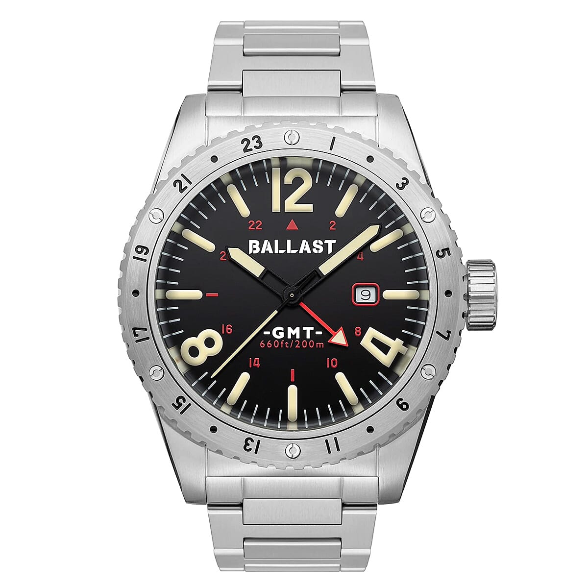 Ballast Amphion GMT Swiss Quartz Movement Black Dial 20 ATM Water Resistant Watch With Stainless Steel Strap & Wireless Earphones (Free Gift)