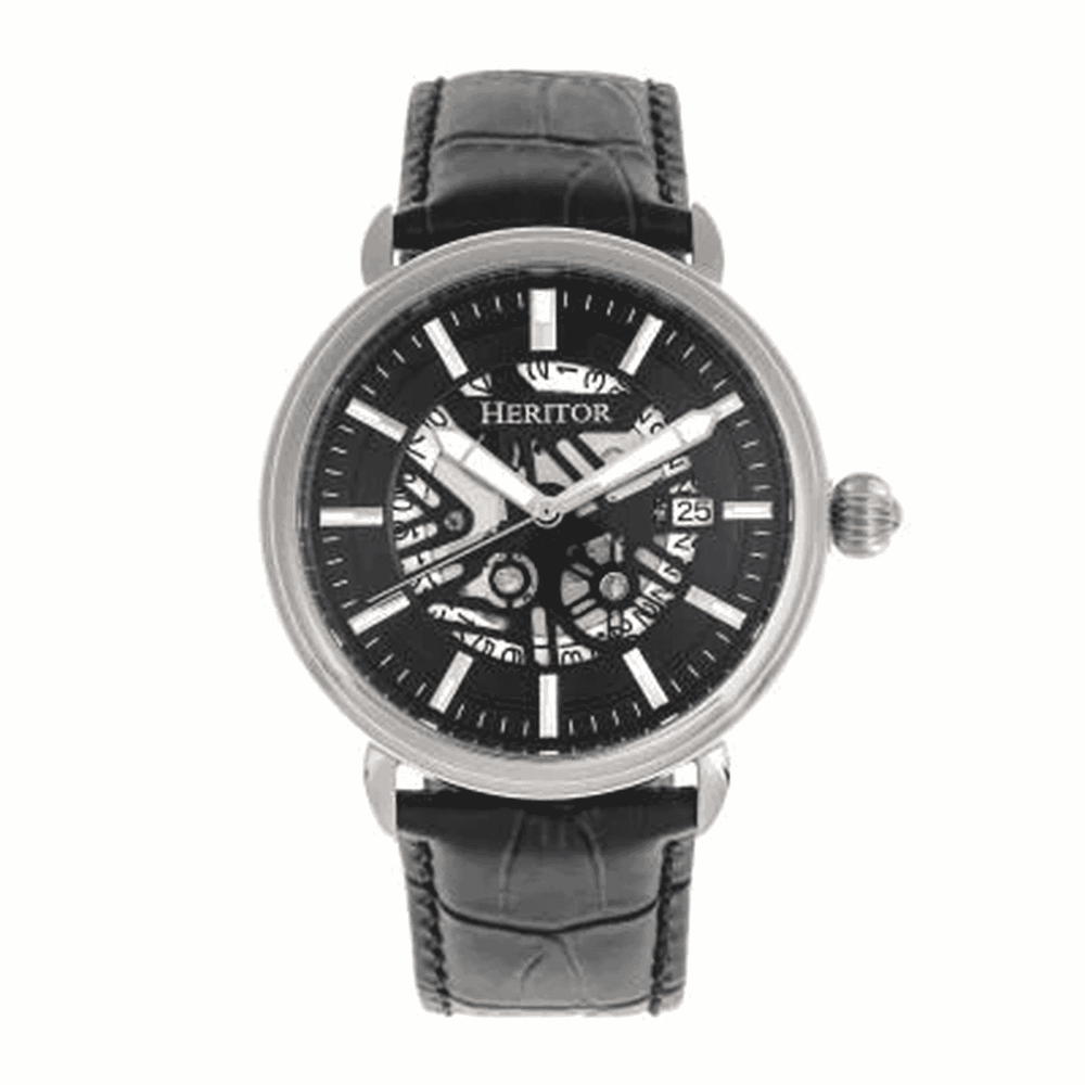 Heritor Seiko NH35 Movt. Mattias Semi Skeleton Black Dial 5 ATM Water Resistant Watch with Black Genuine Leather Strap in Silver Tone