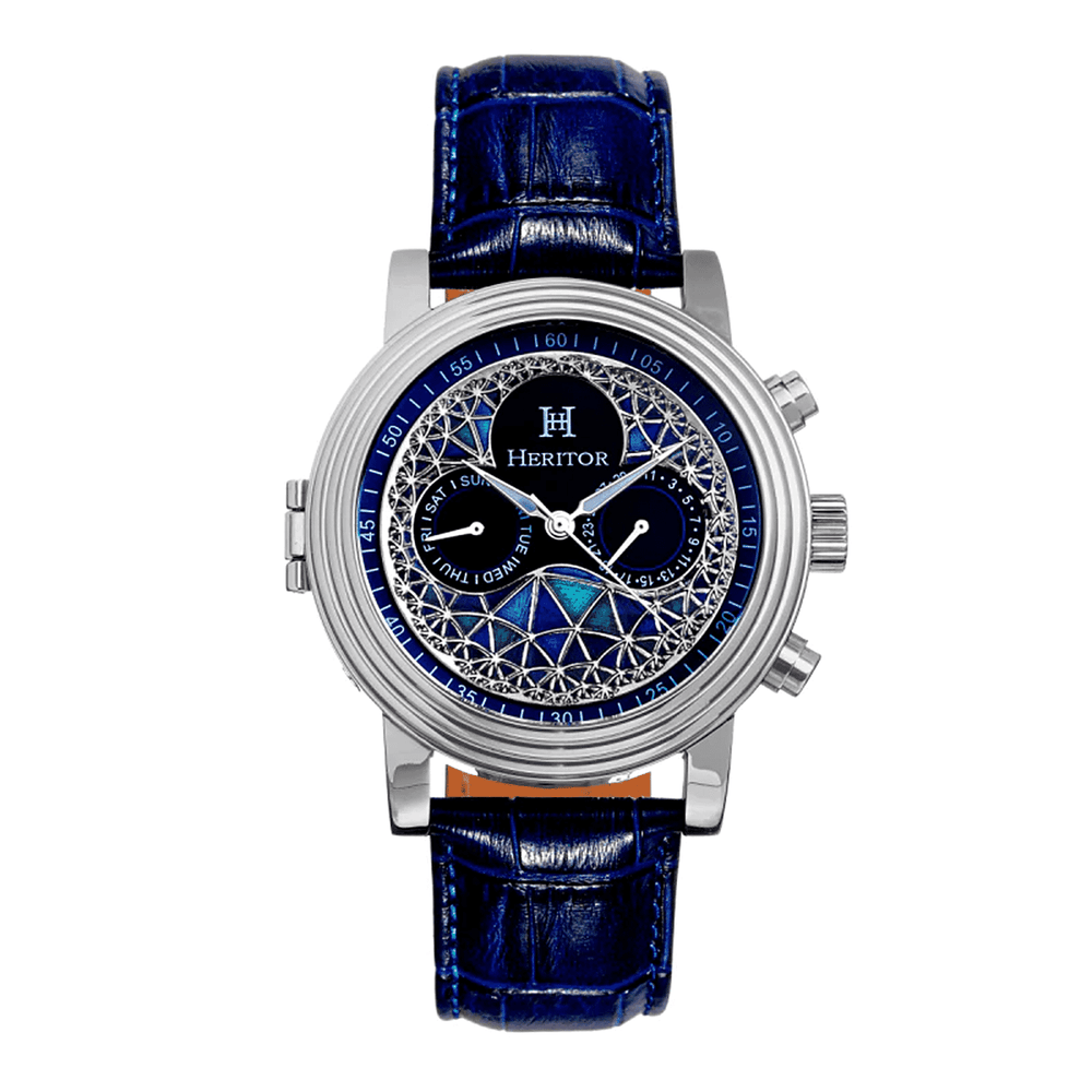 Heritor Automatic Movement Legacy 5 ATM Water Resistant Watch with Blue Genuine Leather Strap in Silver Tone