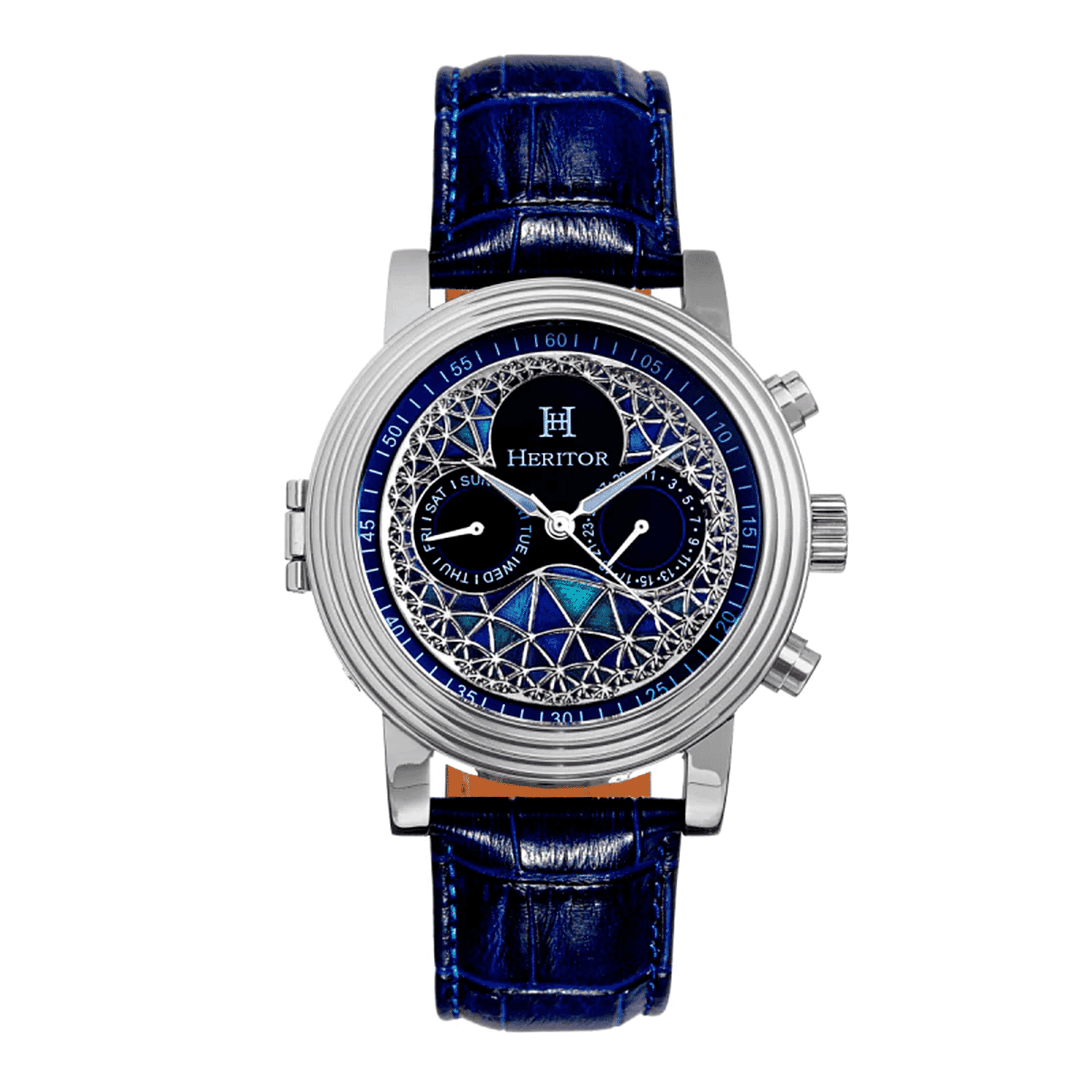 Heritor Automatic Movement Legacy 5 ATM Water Resistant Watch with Blue Genuine Leather Strap in Silver Tone