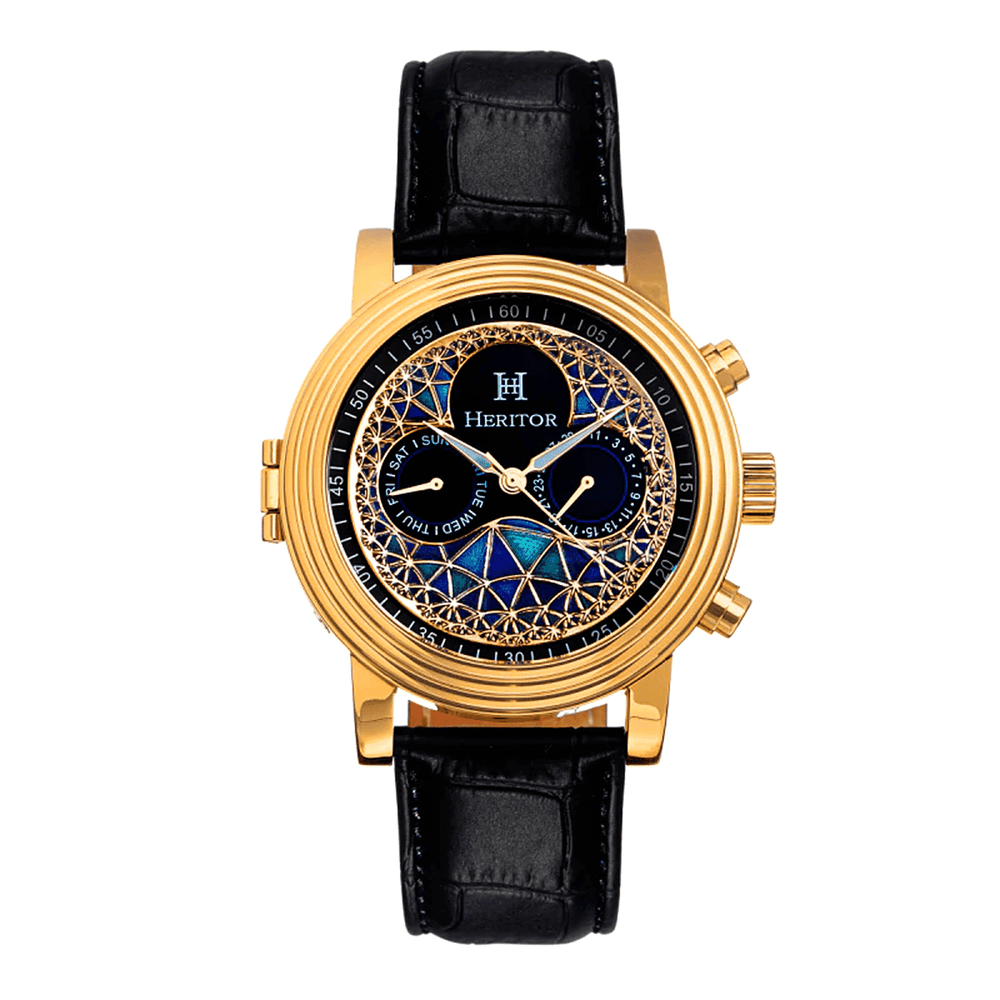 Heritor Automatic Movement Legacy 5 ATM Water Resistant Watch with Black Genuine Leather Strap in Gold Tone