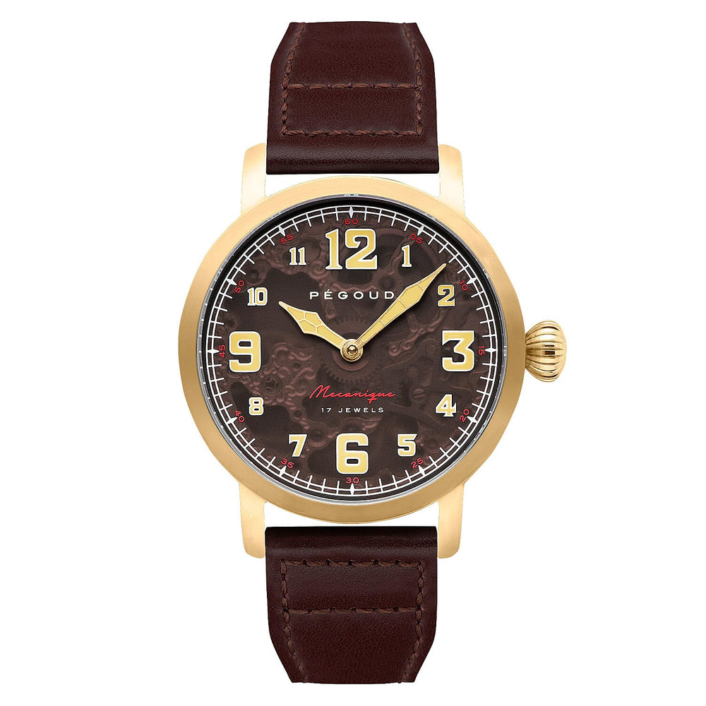 PEGOUD Premiere Mechanical Skeleton Movement 5 ATM Water Resistant Watch with Brown Genuine Leather Strap