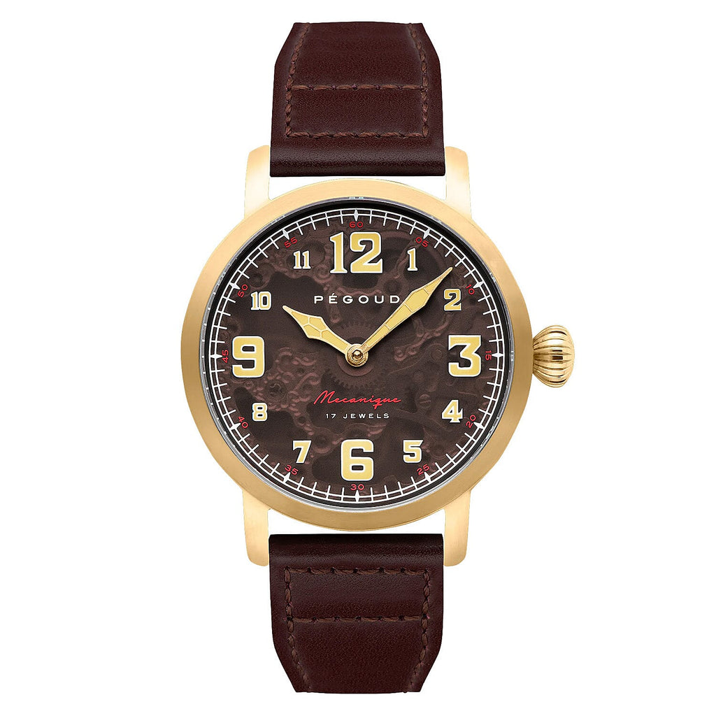 PEGOUD Premiere Mechanical Skeleton Movement 5 ATM Water Resistant Watch with Brown Genuine Leather Strap