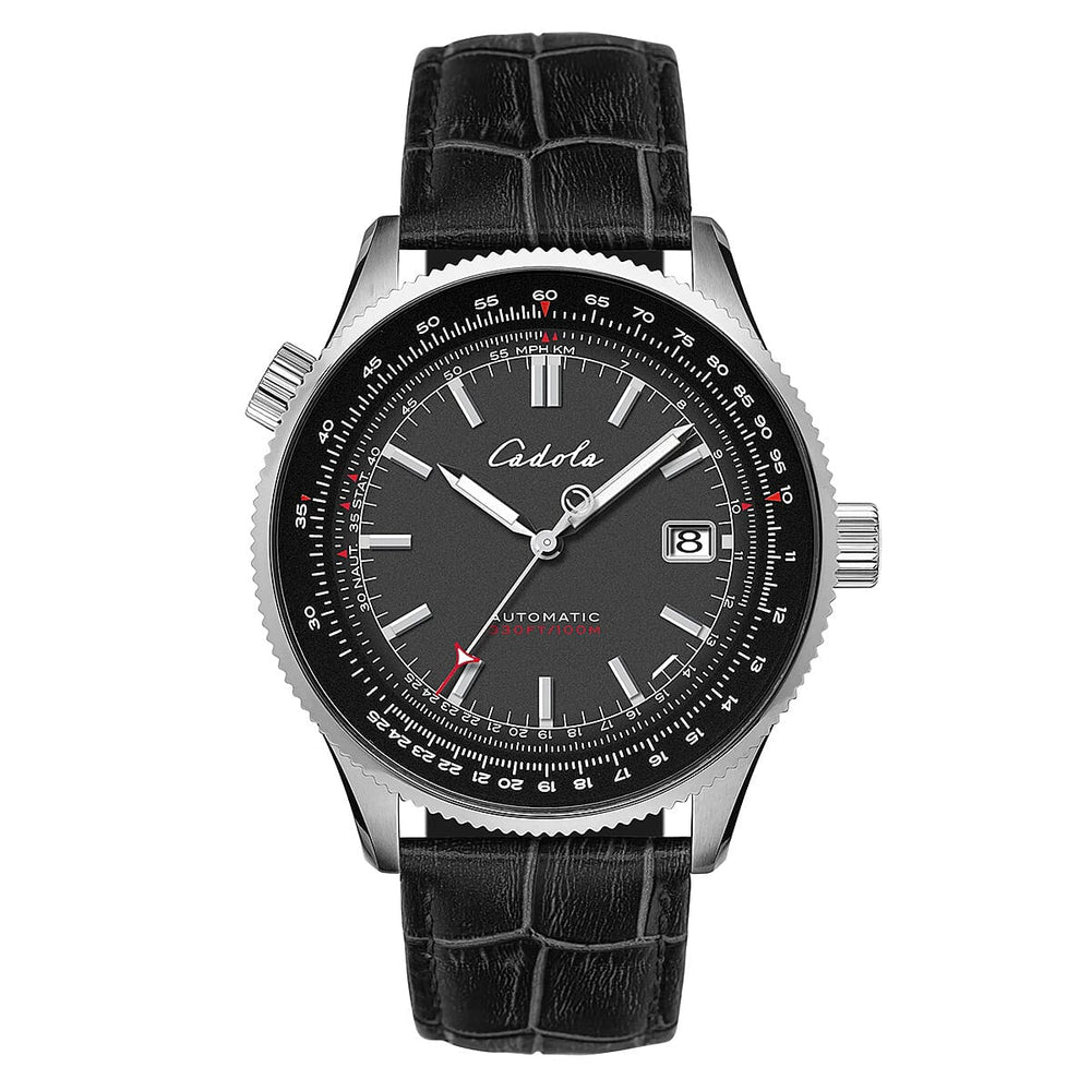 CADOLA  Aviateur Japan Automatic 3 Hands with Date Cockpit Black Dial 10 ATM WR Watch with Black Genuine Leather Strap