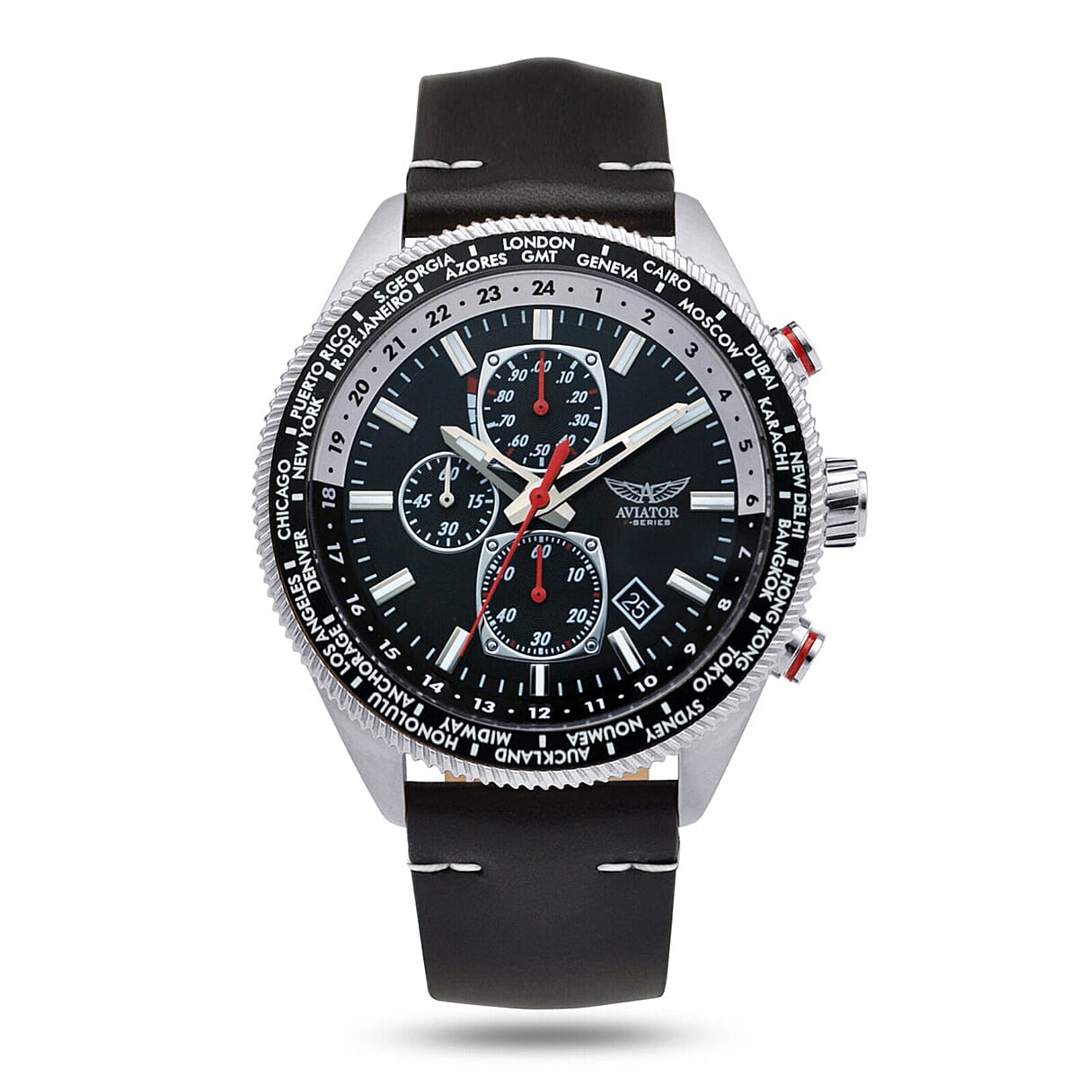 AVIATOR F Series Silver Eagle Quartz Movt. Black Dial 10 ATM Mens Chronograph Watch with Leather Strap - Midnight blue