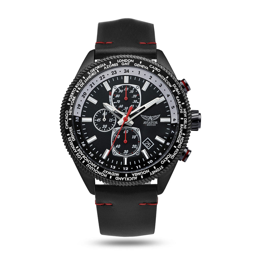 Aviator World Timer 10ATM Water Resistant Watch With Genuine Leather Strap