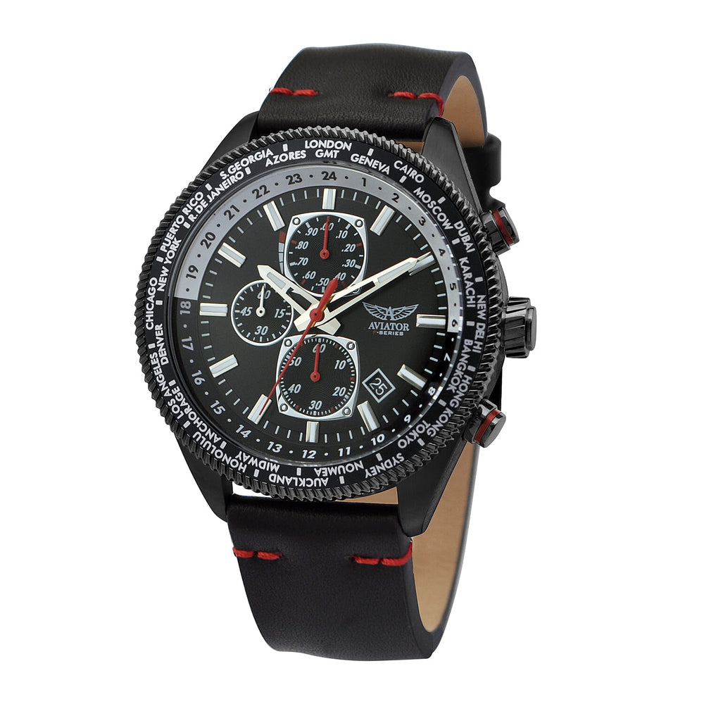 Aviator World Timer 10ATM Water Resistant Watch With Genuine Leather Strap