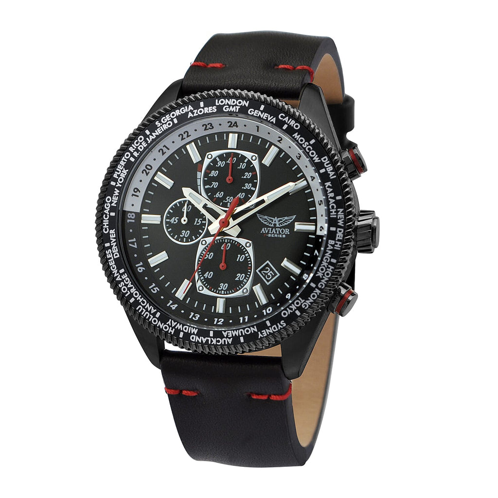 Aviator World Timer 10ATM Water Resistant Watch With Genuine Leather Strap