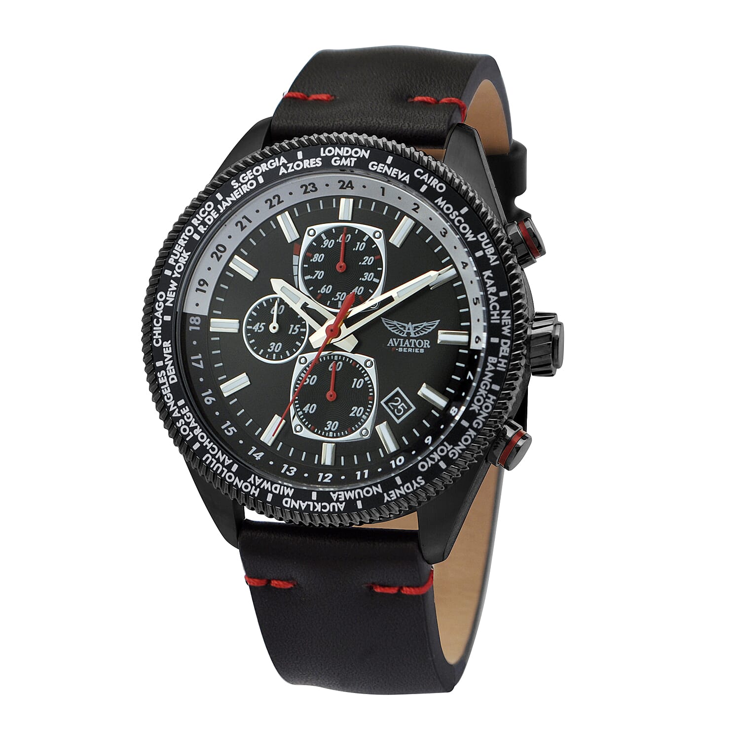 Aviator World Timer 10ATM Water Resistant Watch With Genuine Leather Strap