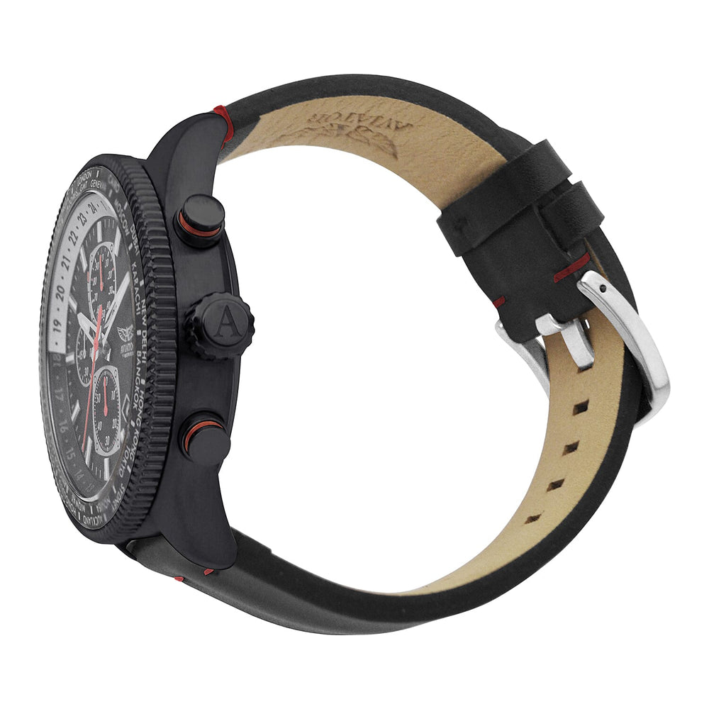Aviator World Timer 10ATM Water Resistant Watch With Genuine Leather Strap