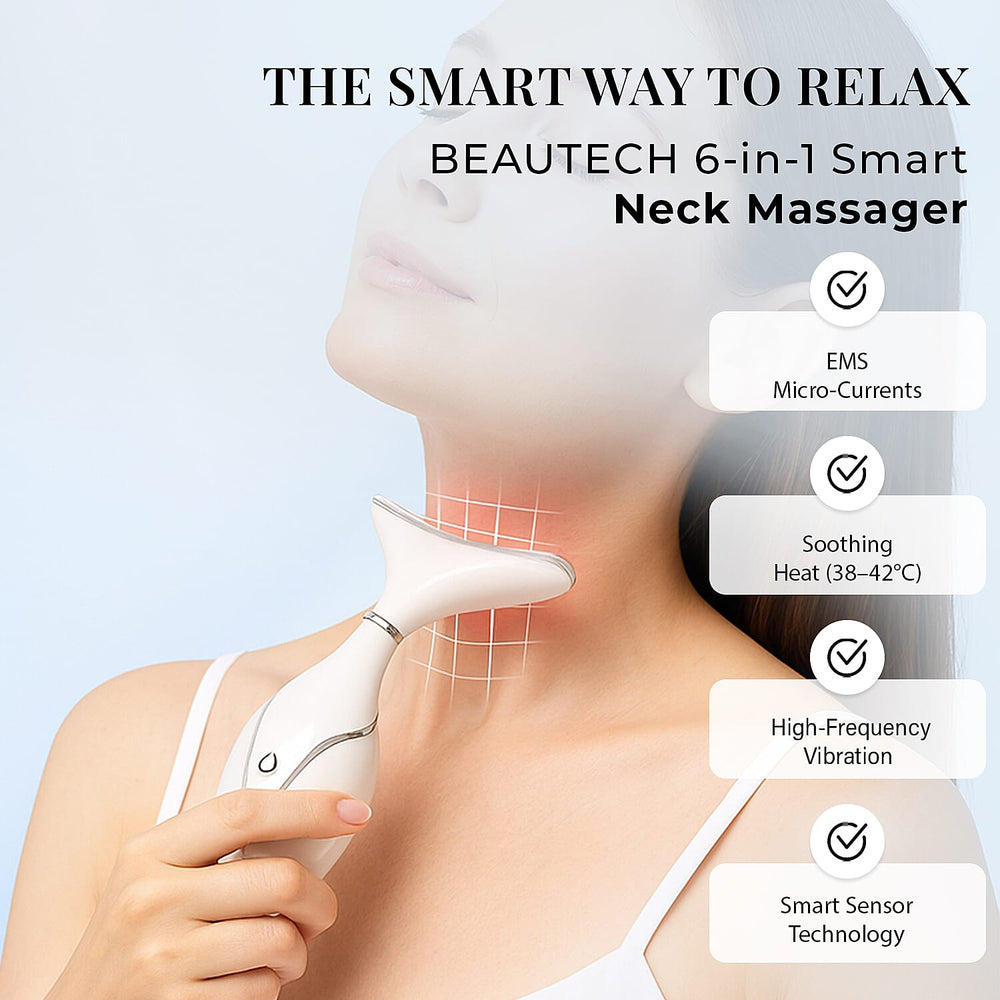 BEAUTECH Neck Massager- 6-in-1 Therapy with EMS, Red-Blue-Green Light, Heating, Vibration, & Intelligent Sensor - White